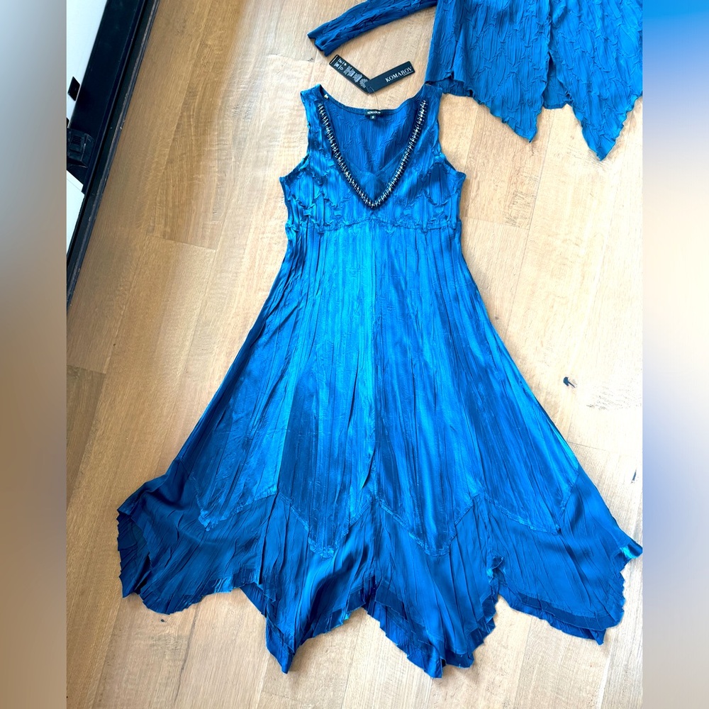 KOMAROV Designer V-neck Midi Cocktail Formal Dress Peacock Blue